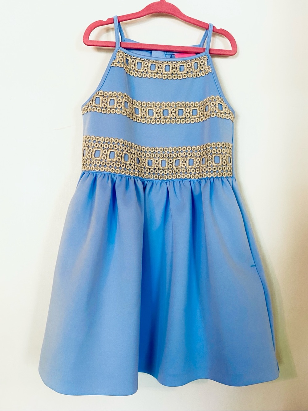 Lilly Pulitzer Girls Elize fit-and-flare dress Blue Peri with gold lace M 6/7